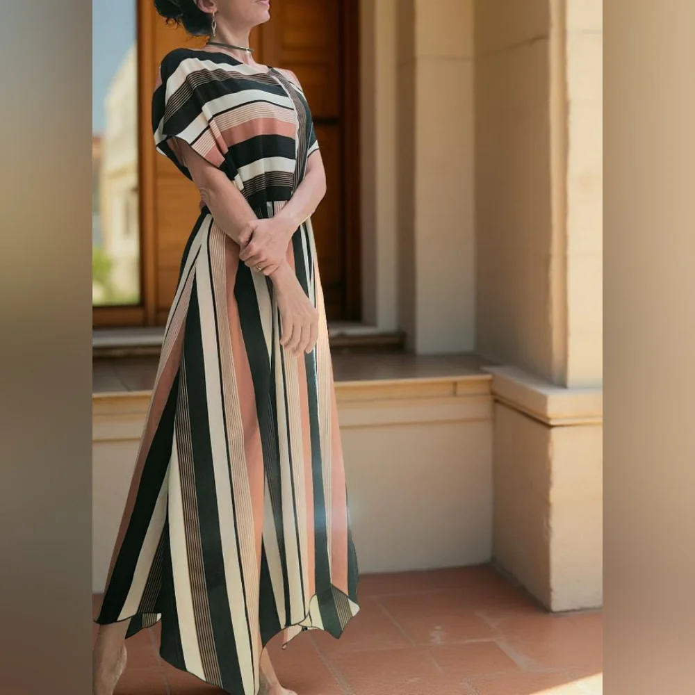Asymmetrical Flowing Stripe Maxi Dress - Picture 1 of 4